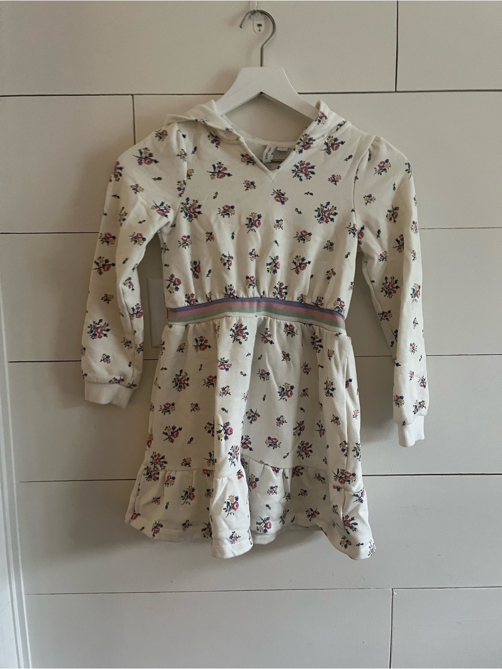 Janie and Jack Cream Floral Hoodie Dress with Multicolor Waistband
